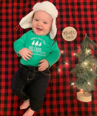 Personalized Baby Onesie, Long Sleeve Christmas Tree Farm, Baby Christmas Outfit, - image1
